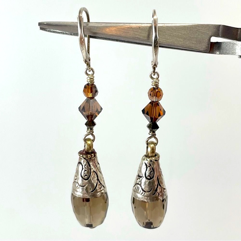 Vintage Smoky Quartz Solid 925 Sterling Silver Earrings Damascus Embossed Dangle